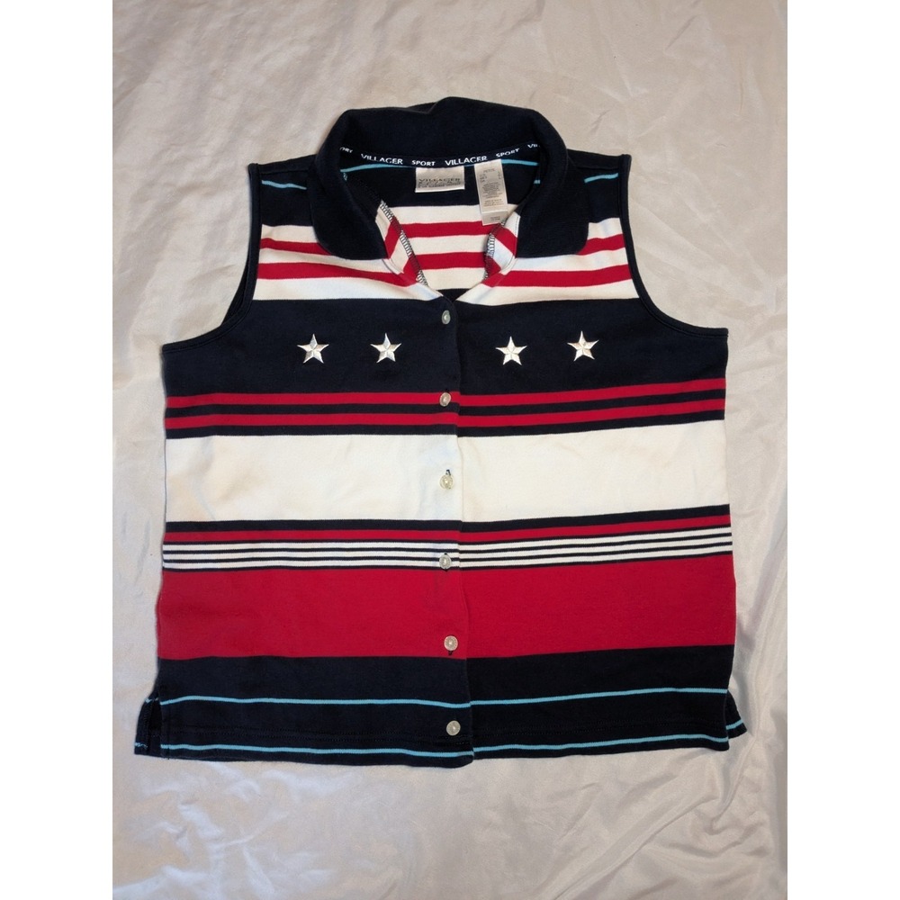 VTG Villager Sport Women's Patriot Sleeveless Button Down Top Size Petite‎ Large